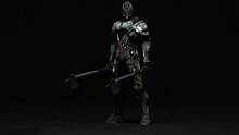 3D Composite Illustration Of Exo Suit. Humanoid With Axe In Hand. 3D Rendering. Art