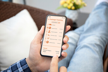 male hands holding phone with app tracking delivery package