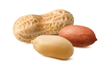 Wall Mural - raw peanuts in shells and skins isolated on white background.