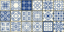Set Of 18 Tiles Azulejos In Blue, White. Original Traditional Portuguese And Spain Decor. Seamless Patchwork Tile With Victorian Motives. Ceramic Tile In Talavera Style. Vector