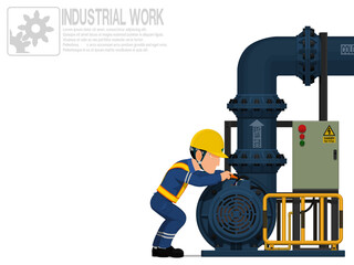 An electrical worker is repairing pump on white background