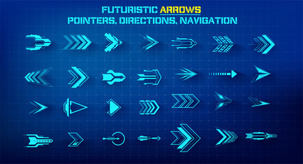 Aufkleber - Set of futuristic arrows. Futuristic interface hud design elements. Arrows, pointers, direction. Set of holographic arrows, pointers, direction for infographics or game. Vector illustration