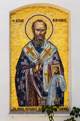 Mosaic in the form of an icon on the wall of the Church of St. Nicholas at Kalamis Beach, in Protaras, Cyprus