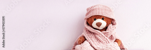 Brown plush teddy bear in knitted sweater and hat, autumn and winter season. Stuffed soft toy wearing cap and scarf, holidays greetings card, website banner with pink copy space. Love and care