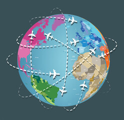 Wall Mural - vector earth planet with flying airplanes' dotted path on it. travel background