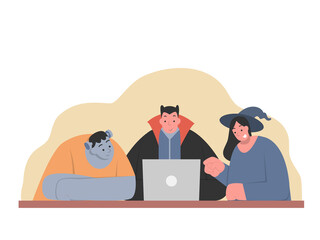 3 People in Halloween fancy clothes looking at one laptop computer. Concept Illustration about enjoy with shopping online on traditional holiday.