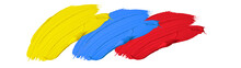 Primary Color / Acrylic Paint Background Banner Panorama - Abstract Stroke / Splash Stains Blobs Brush Of Blue, Red And Yellow Paint, Isolated On White Texture	
