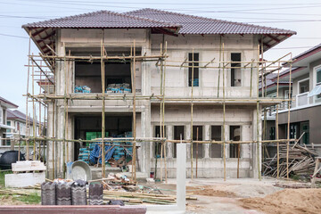 New residential house contemporary style building in progress at construction site