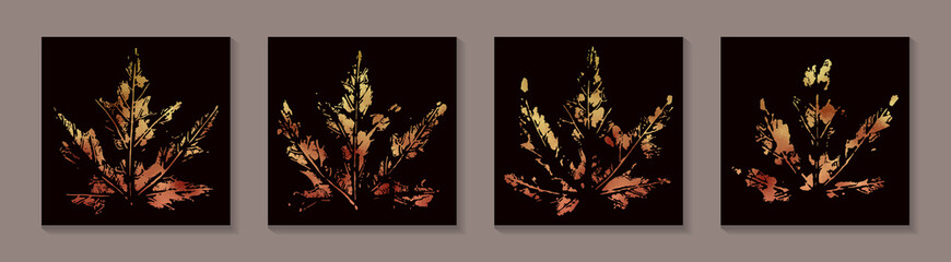 Set of golden autumn maple leaves prints on a black background. Vector decoration elements.