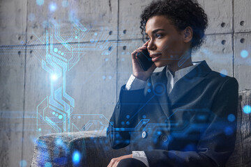 Businesswoman talking phone and binary technology hologram. Double exposure. Security network concept.