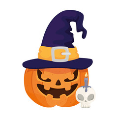 Poster - halloween pumpkin cartoon with hat and skull candle design, happy holiday and scary theme Vector illustration