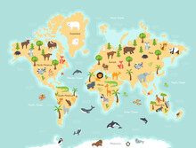 World Map With Wild Animals And Plants