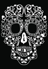 Mexican holiday Day of the Dead Celebration Festival and Halloween. Sugar skull  for poster, card, print, emblem, sign, tattoo, t-shirt. background. .  Black and white vector illustration 

