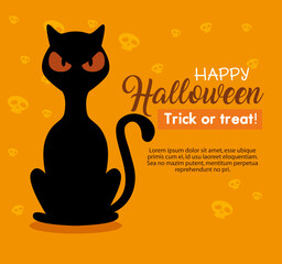 Poster - happy halloween banner with black cat on orange background vector illustration design