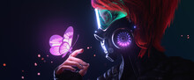 3d Illustration Of A Cyberpunk Girl In Futuristic Gas Mask With Protective Green Glasses And Filters In Jacket Looking At The Glowing Butterfly Landed On Her Finger In A Night Scene With Air Pollution