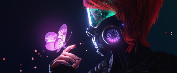 Wall Mural - 3d illustration of a cyberpunk girl in futuristic gas mask with protective green glasses and filters in jacket looking at the glowing butterfly landed on her finger in a night scene with air pollution