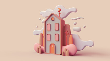 Wall Mural - Cute green cozy Eco House with bushes, tall trees, white clouds. Sweet home. Stay Home. Modern house with red windows, orange door. Concept art Autumn mood in fall season. 3d render in pastel colors.