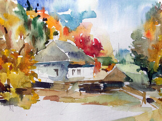 Watercolor colorful bright textured abstract background handmade . Mediterranean landscape . Painting of architecture and vegetation of the village  , made in the technique of watercolors from nature