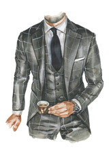 Fashion Watercolor Illustration Of Man In Business Casual Outfit. Hand Drawn Painting Of Elegant Suit. Luxury Look