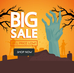 Canvas Print - halloween big sale with hand zombie in cemetery scene vector illustration design