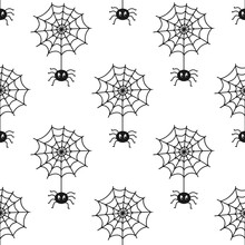 Halloween Seamless Pattern With Black Spider And Cobweb On White Background. Endless Background, Wallpaper, Wrapping, Packaging, Texture, Paper. Vector Illustration In Flat Style.