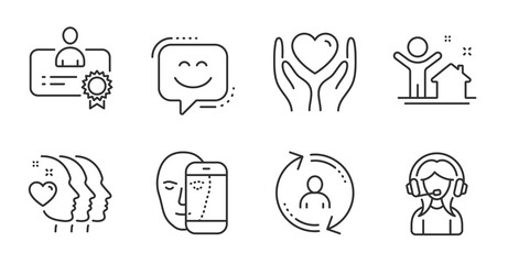 User info, New house and Support line icons set. Certificate, Hold heart and Face biometrics signs. Friends couple, Smile face symbols. Update profile, Buying home, Call center. People set. Vector