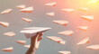 Paper plane flying in the opposite direction to other planes. Concept of individuality.