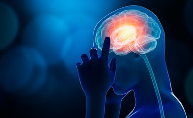 Human head profile with hands touching the temples. Brain activity, injury, pain, headache, illness or sickness, meditation, thinking, healing, relaxation conceptual 3d rendering illustration.