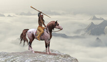 Indian Leaping Bear - An American Indian In Warbonnet Rides His War Pony To The Top Of A Cliff In The Western Mountain Range.
