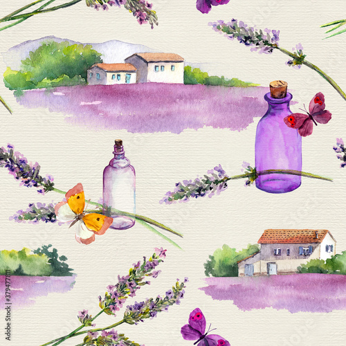 Papel de parede Lavender flowers, oil perfume bottles, butterflies, farm houses with lavender fields