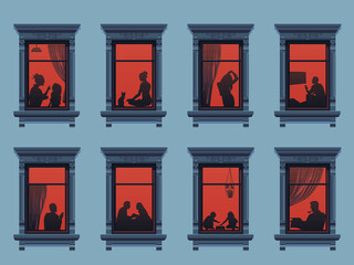 Wall Mural - Neighbors in the windows. Cartoon characters in their apartment listen to music, children play and spend time together. Vector. Evening home scene, silhouette or shadow of people in the window