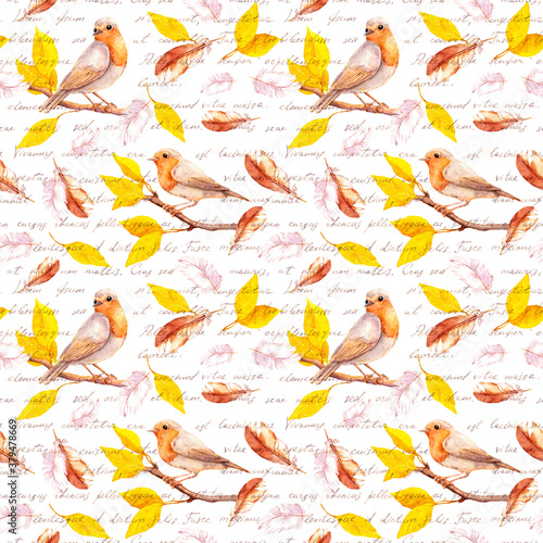 Tela Birds on autumn branch with yellow leaves, falling feathers