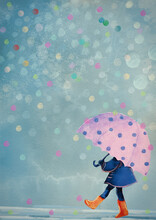 Rain, Girl With Umbrella. Watercolor
