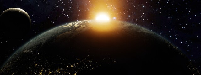 Wall Mural - 3d rendering, panoramic earth with sun gazing over the top. moon coming intro frame on left elements