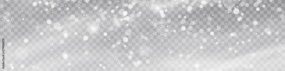Vector heavy snowfall, snowflakes in different shapes and forms. Snow flakes, snow background. Falling Christmas - obrazy, fototapety, plakaty 