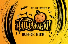 Happy Halloween Vector Poster With Pumpkin Jack Lantern, Black Typography, Bats And Graveyard Crosses On Yellow Background With Grunge Strokes. Halloween Horror Night Party Invitation Spooky Design
