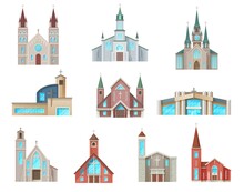 Catholic Church Buildings Vector Icons. Isolated Cathedral, Chapels And Monastery Facades. Medieval And Modern Churches Design, Christian Evangelic Religious Cartoon Architecture Exterior Symbols Set