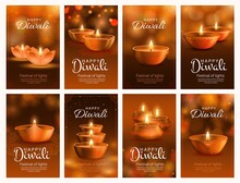 Diwali Festival Of Light Vector Banners With Diya Lamps. Indian Hindu Religion Holiday Oil Lamps With Fire Flames Greeting Cards With Rangoli Decorations, Paisley Pattern And Bokeh Light Effects