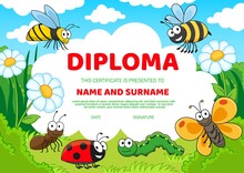 Kids Education Diploma With Cartoon Insects Cute Bees, Butterfly And Ladybug, Caterpillar And Ant On Green Grass, Chamomile Flowers Under Cloudy Sky. Kids School Or Kindergarten Diploma Certificate