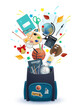 © Vector Tradition - School bag with student education supplies vector design of welcome back to school. Backpack with books, calculator and globe, paint, brush and flasks, scissors, glue and alarm clock, glue and ball