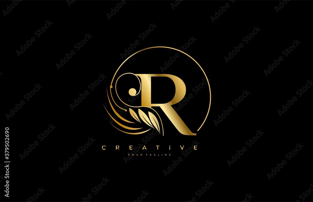 Initial R letter luxury beauty flourishes golden monogram rounded shape ...