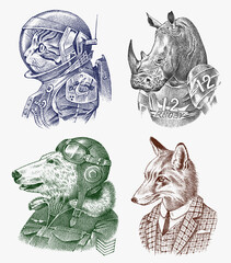 Wall Mural - Fox and Rhino dressed up in Suit. Cat and Polar bear. Astronaut or Spaceman. Fashion Animal characters set. Hand drawn sketch. Vector engraved illustration for label, logo and T-shirts or tattoo.