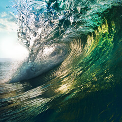Fototapete - breaking colorful ocean wave falling down at sunset time