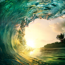 Tropical Sunset Background. Beautiful Colorful Ocean Wave Crashing Closing Near Sand Beach With Palm Tree