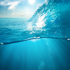 Wall Mural - sky and sea water divided by waterline. ocean aquatic nature design. tropical shining waters