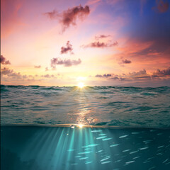 Wall Mural - tropical carribean sunset beautiful cloudy sky design template. sea water with sunrays and silver fi