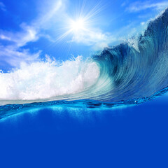 Wall Mural - ocean-view seascape landscape big surfing ocean wave with slightly cloudy sky and the sun
