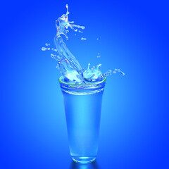 Wall Mural - blue light and splashed water in cold glass on blue background