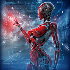 Modern designed space. Futuristic female android managing virtual interface in digital space