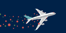 Illustration Vector, Airplane Try To Escape Coronavirus, Impact Of Covid-19 On Aviation And Airport Industry, Aircraft With Group Of Virus As Contrails, Concept Of Healthcare In Pandemic Situation.